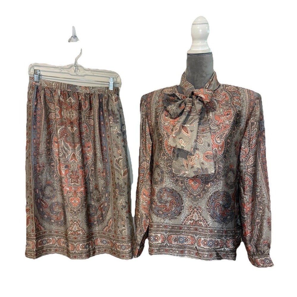 VTG 80s 90s Brownstone Studio Sz 10 Tan Peach Pink Paisley Skirt Set Union Tag